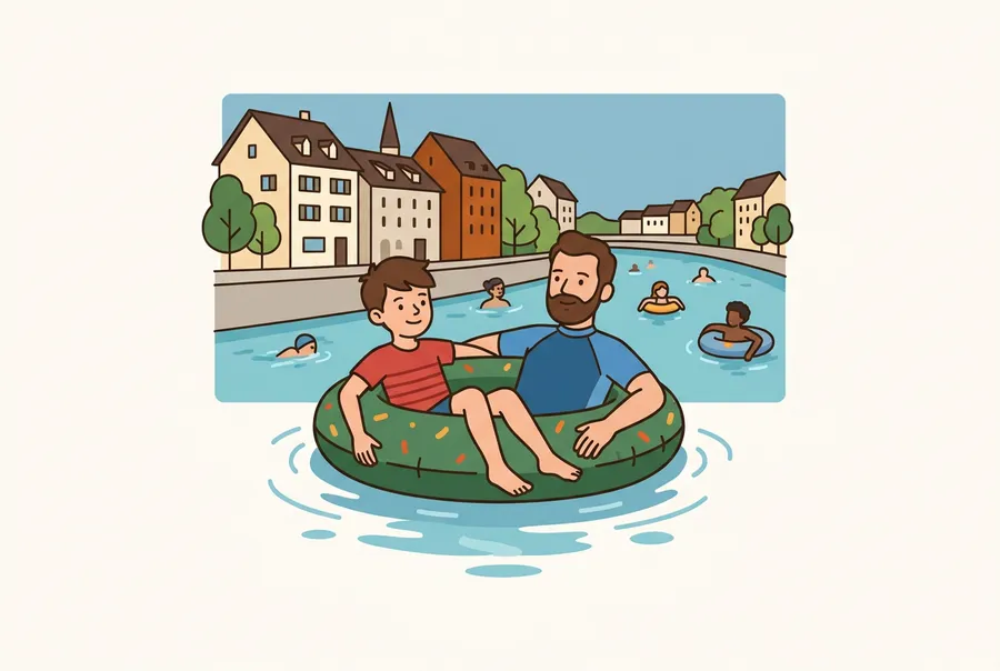 Ein Junge und sein Vater treiben an einem Sommertag auf einem Schwimmring den Fluss hinunter, am Ufer stehen alte Häuser.