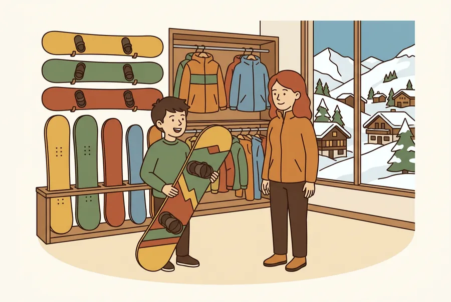 Ein Junge steht mit seiner Mutter in einem Sportgeschäft vor einer Wand mit Snowboards.