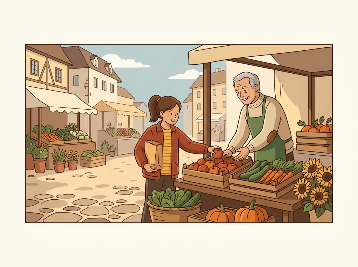 Ein Mädchen kauft an einem Marktstand in einer Altstadt Äpfel bei einem älteren Markthändler.